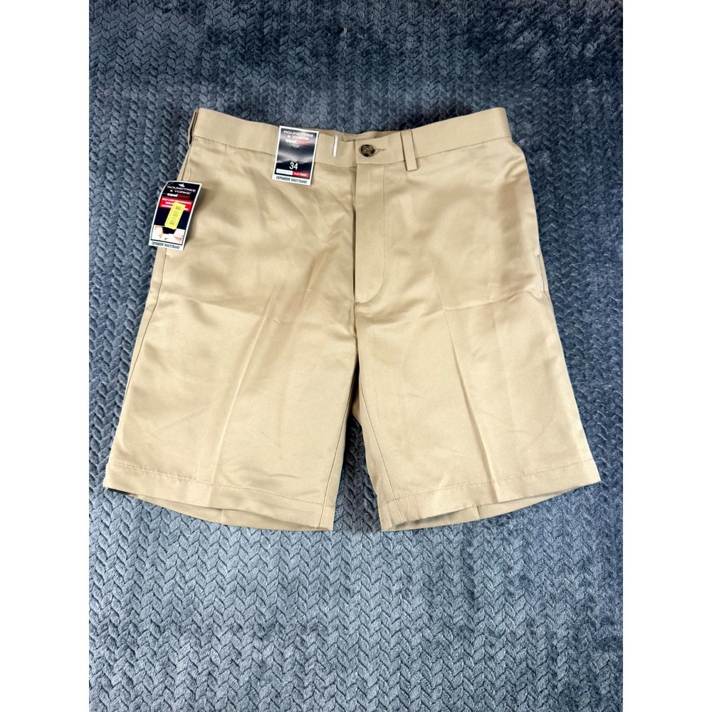 Roundtree & Yorke Travelsmart Chino Shorts Mens 34 Beige Flat Front Classic Fit